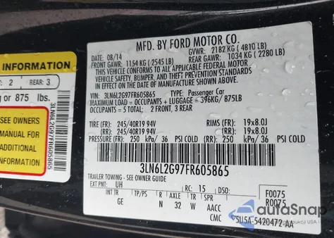 2015 Lincoln Mkz from USA, damaged, VIN 3LN6L2G97FR605865